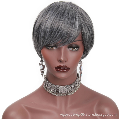 Vigorous Dark Grey Short Straight Hair Wigs with Inclined Bangs Synthetic Heat Resistant Fiber Black Gray Women Hair Wigs